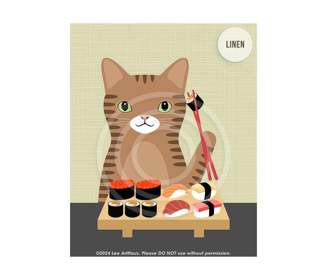 Brown Tabby Cat Eating Sushi With Chopsticks Funny Cat Art Poster - Image 5