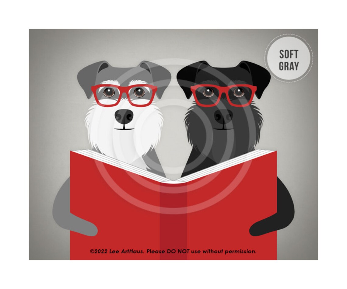 Two Schnauzers With Red Glasses Reading Big Red Book Dog Art Poster - Image 3