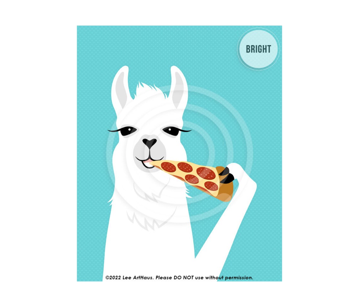 White Llama Eating Pepperoni Pizza Slice Fun Kids Room Decor Wall Poster