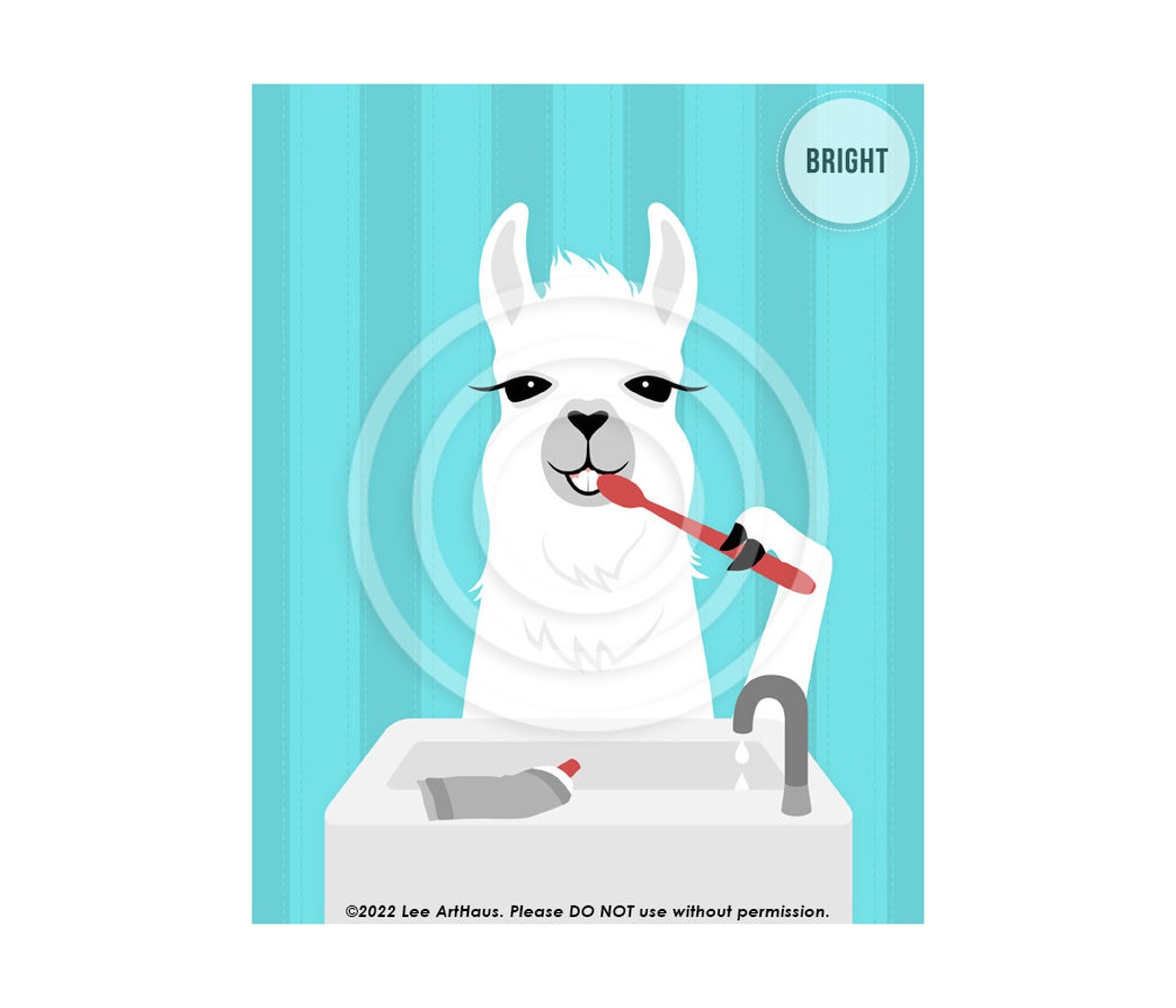 White Llama Brushing Teeth With Red Toothbrush Funny Animal Poster - Image 4