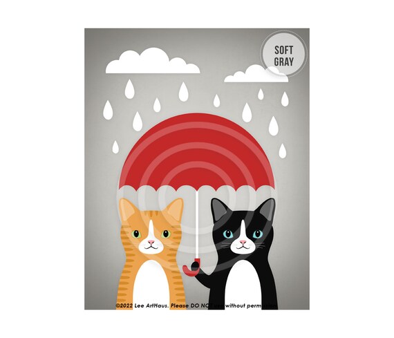 Two Cats Under Red Umbrella Rainy Day Cute Cat Friendship Wall Art Poster