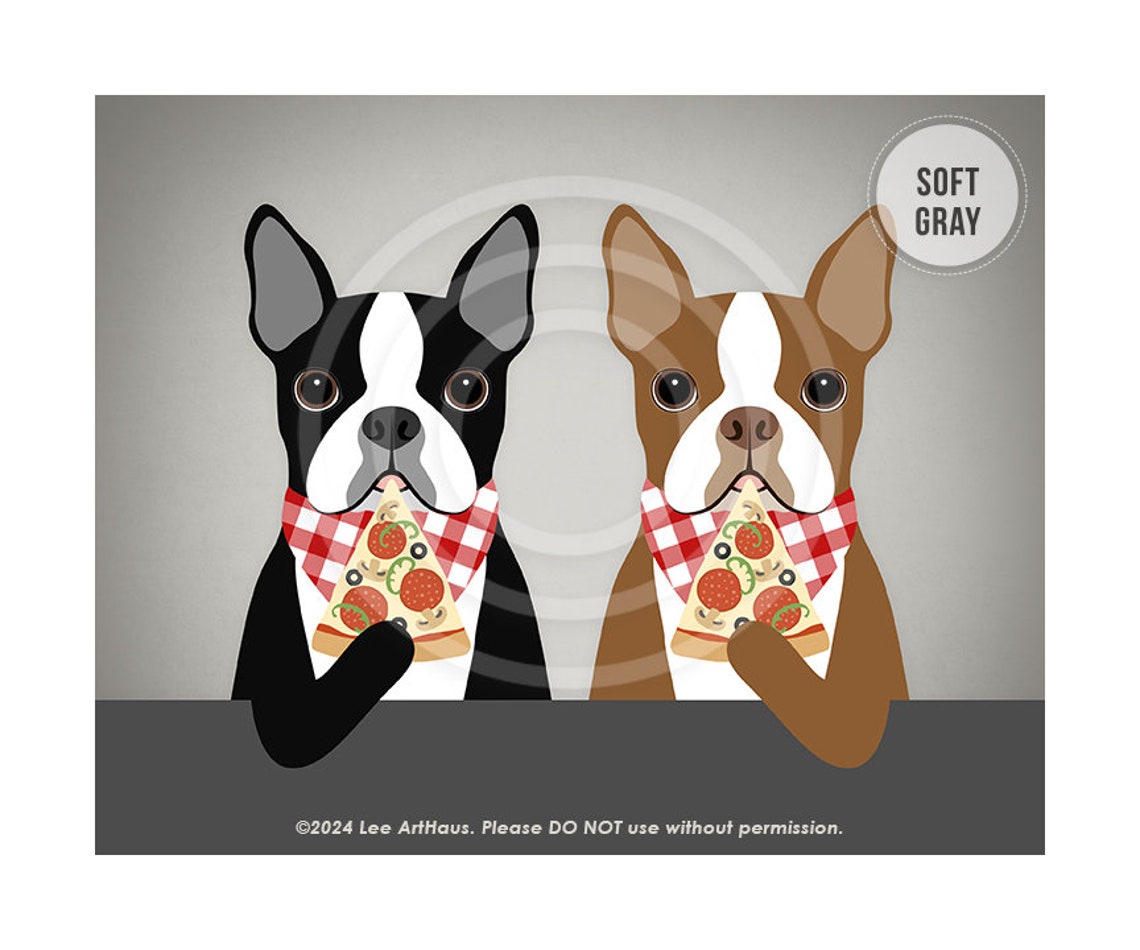 Two Boston Terriers Eating Pizza With Checkered Bibs Dog Art Poster - Image 2