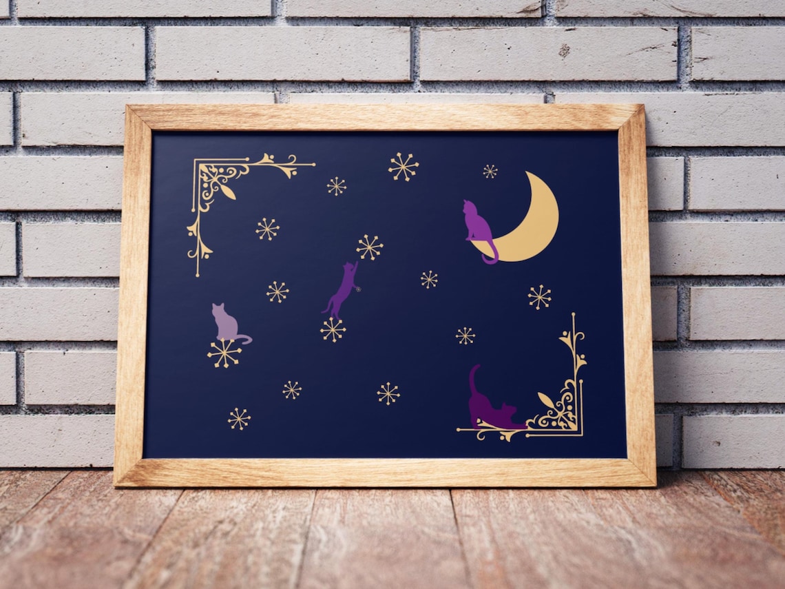 Night Cats Midnight Theme Poster Print, Sleepy Kittens