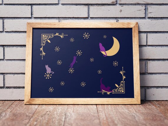 Night Cats Midnight Theme Poster Print, Sleepy Kittens
