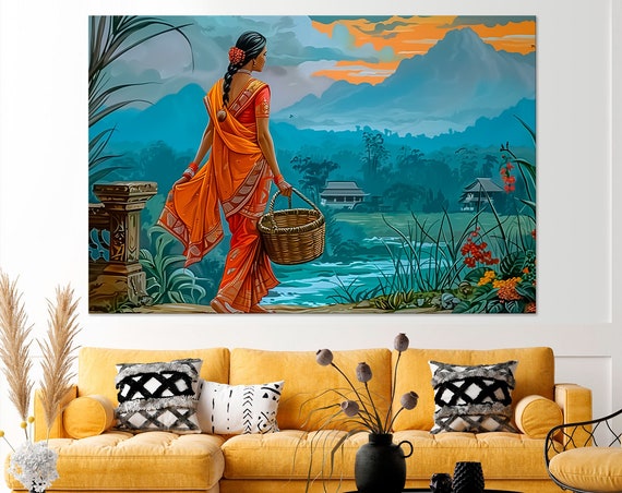 Indian Woman Print Indian Style Wall Art Indian Folk Woman Art Landscape Living Room Decor Extra Large Wall Art Print