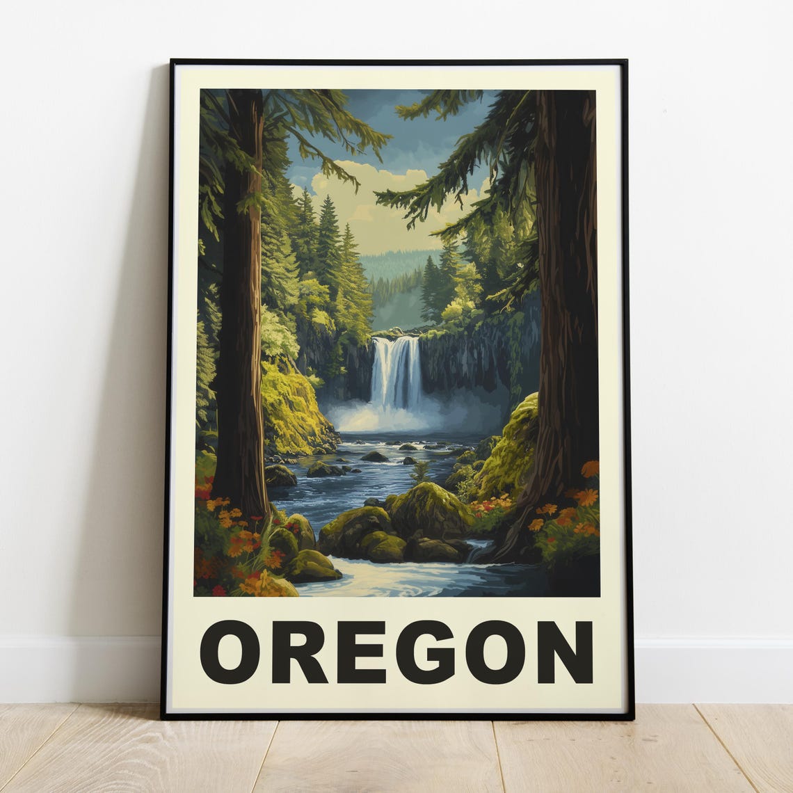 Lush Oregon Waterfall Pine Forest Vintage Nature Travel Poster - Image 3