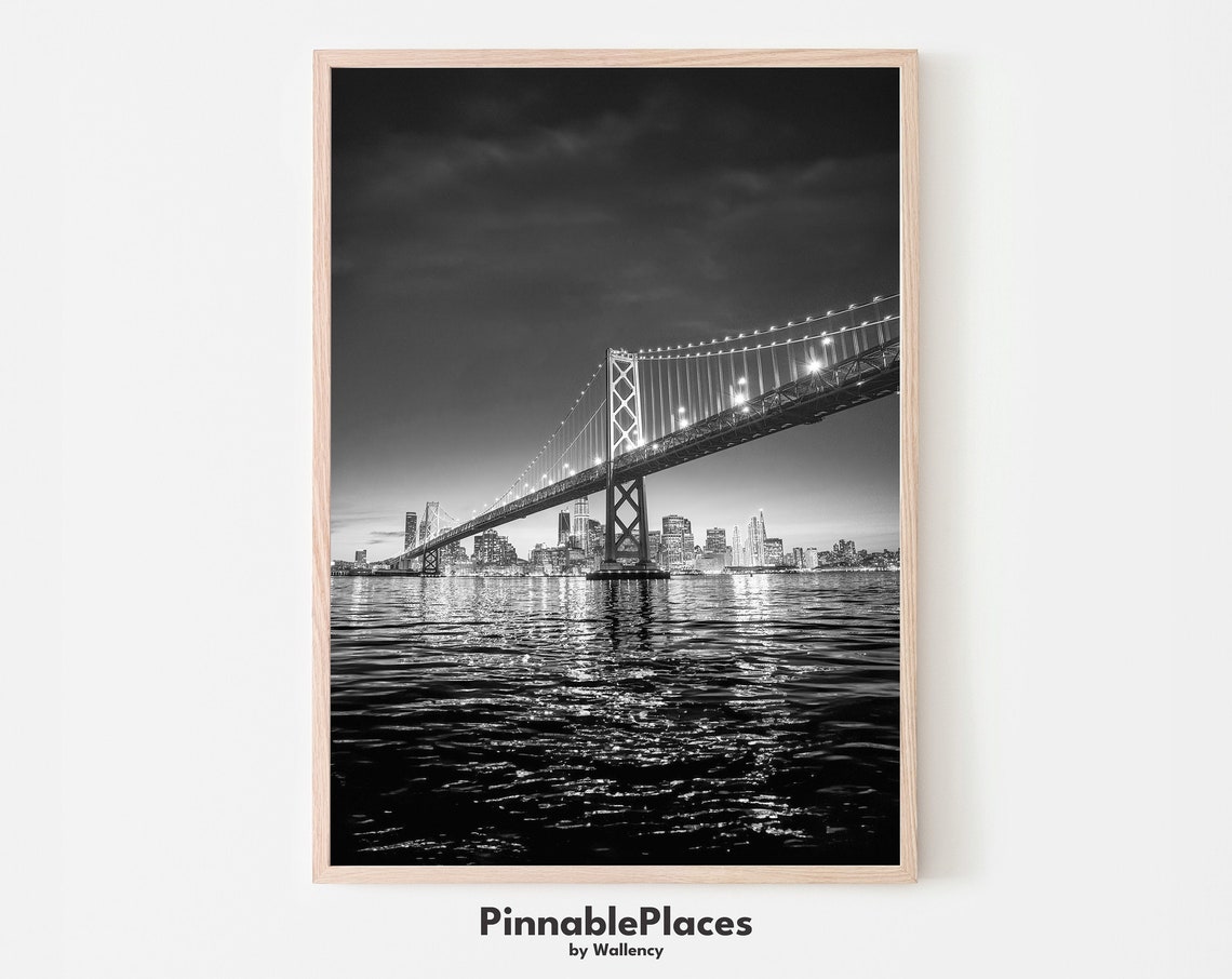 San Francisco Bay Bridge Night Black and White Skyline Photo Poster