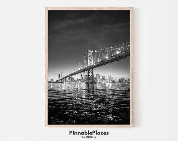 San Francisco Bay Bridge Night Black and White Skyline Photo Poster