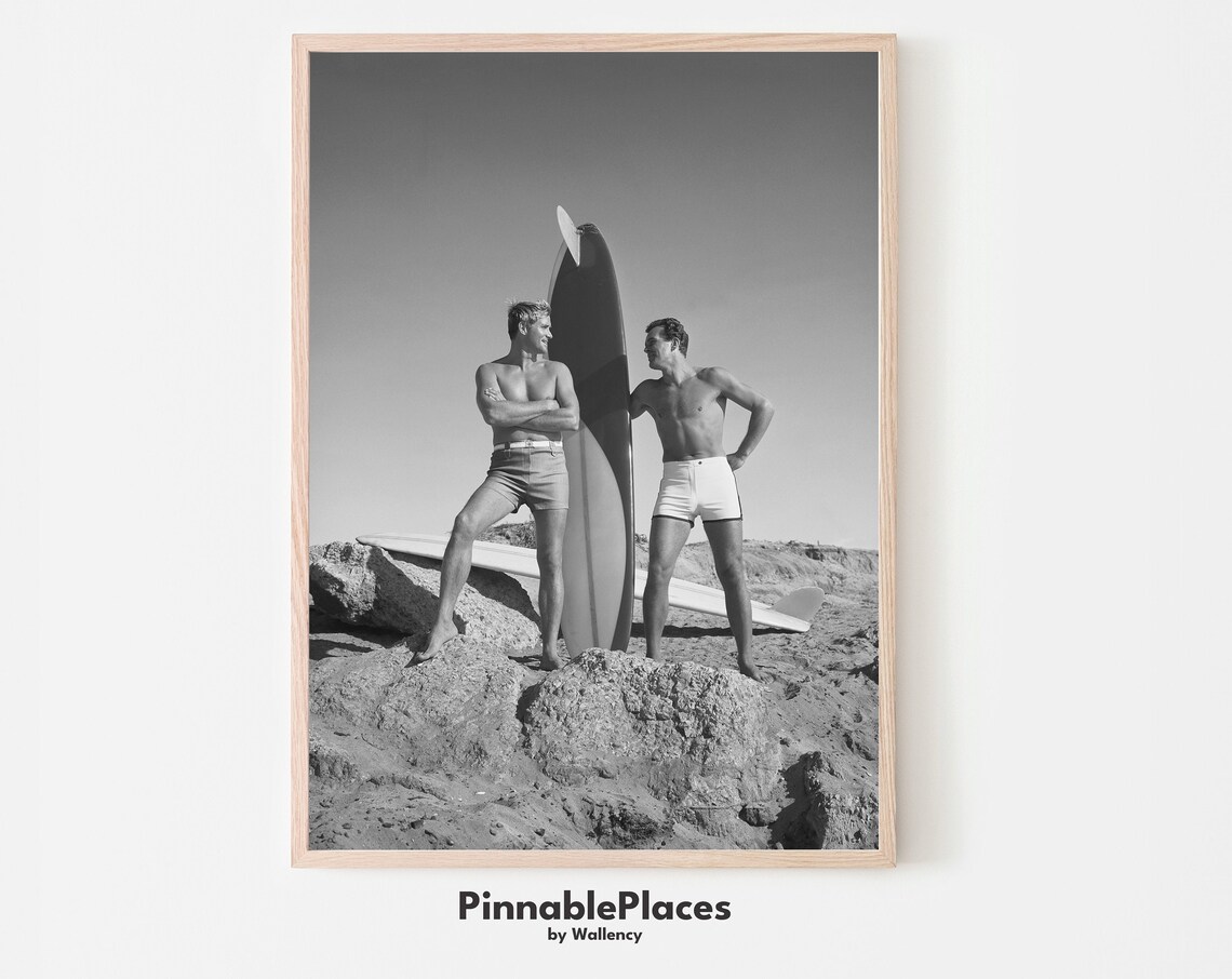 Two Surfers With Longboards Vintage Black And White Photo Poster