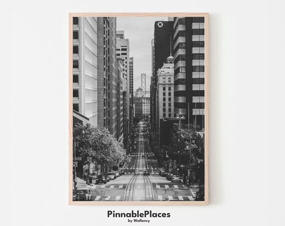 San Francisco Bay Bridge Black and White Downtown Street Photo Poster
