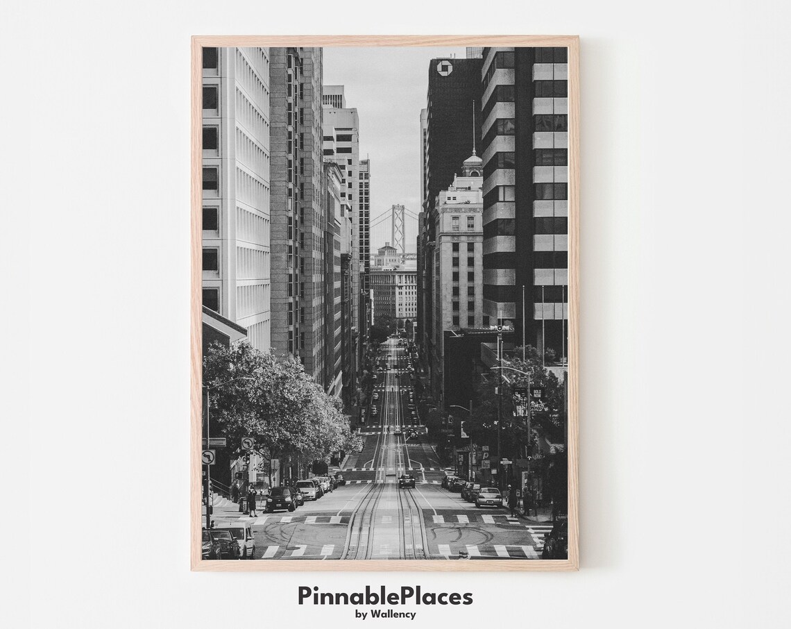 San Francisco Bay Bridge Black and White Downtown Street Photo Poster