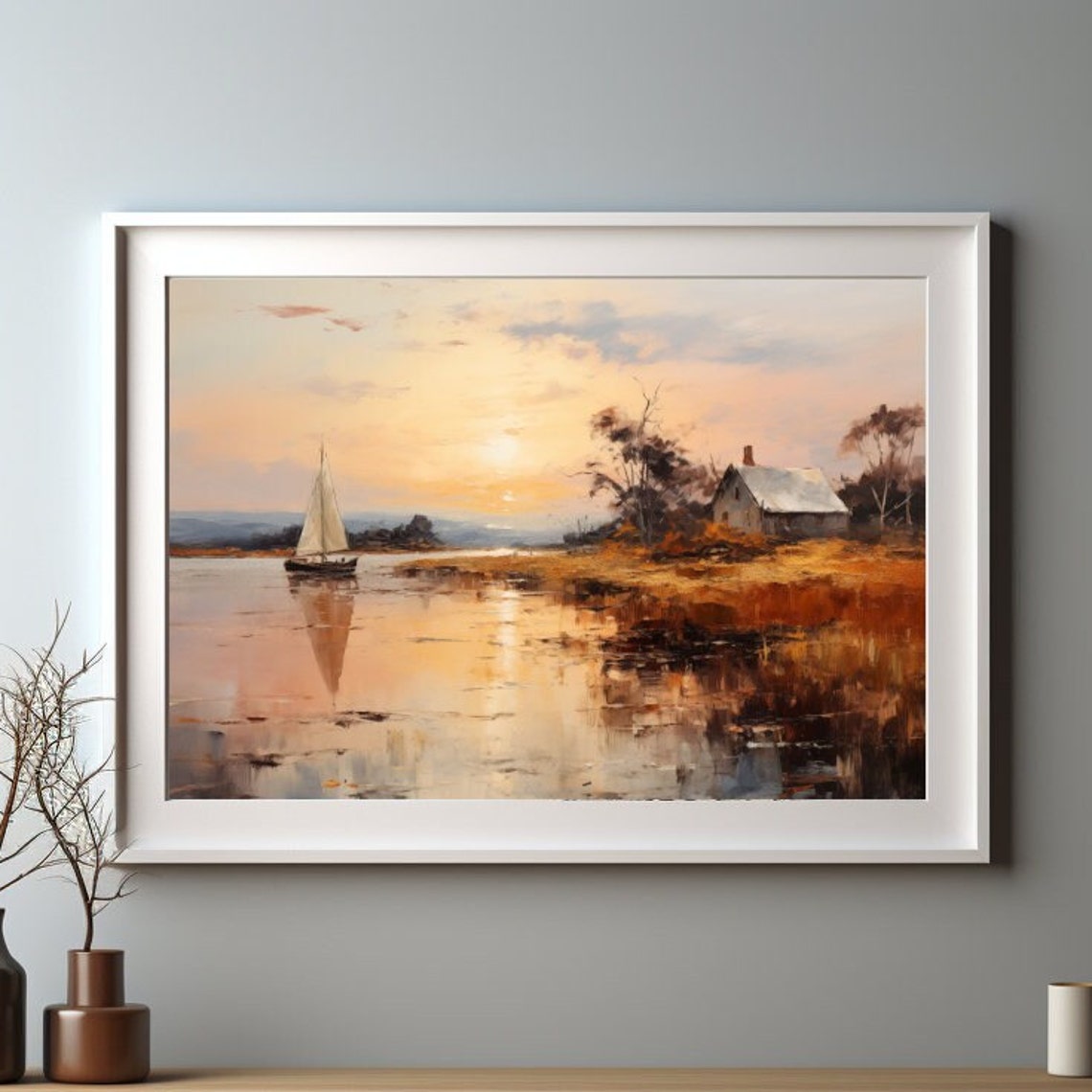 Sailboat on Calm Water at Sunset with Lakeside Cottage Poster