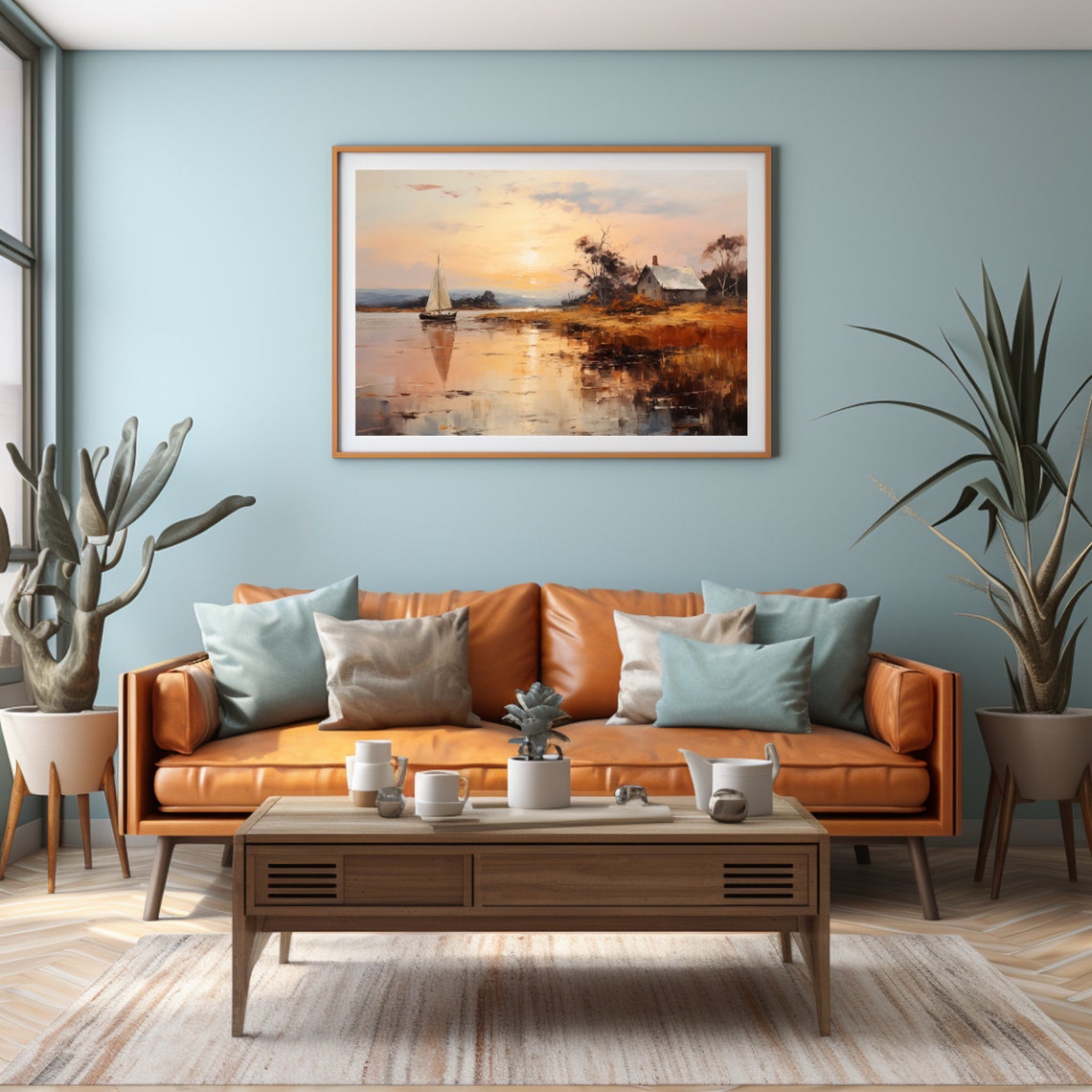 Sailboat on Calm Water at Sunset with Lakeside Cottage Poster - Image 3