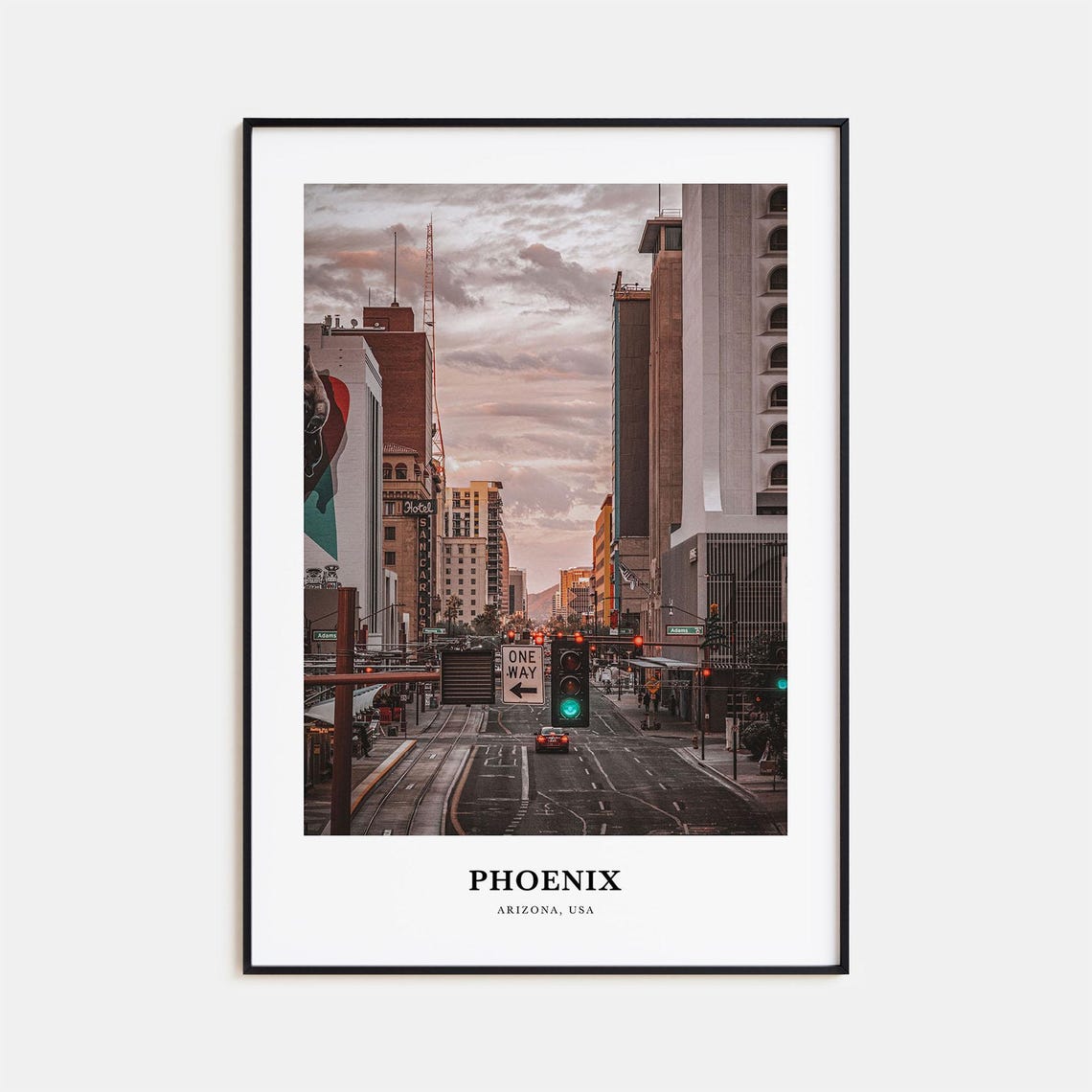 Phoenix Arizona Downtown Street Dusk Light Rail City Scene Poster