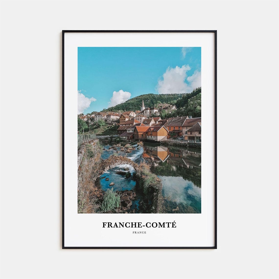Franche-Comté France Riverside Village Stone Bridge Travel Poster