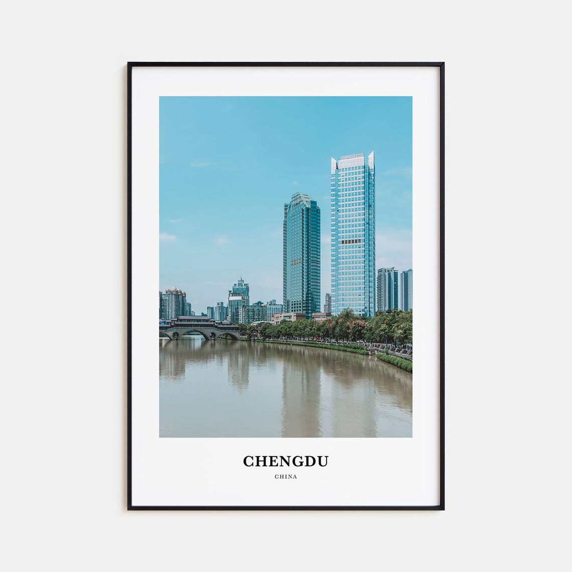 Chengdu China Riverside Glass Skyscrapers Stone Bridge Photo Poster