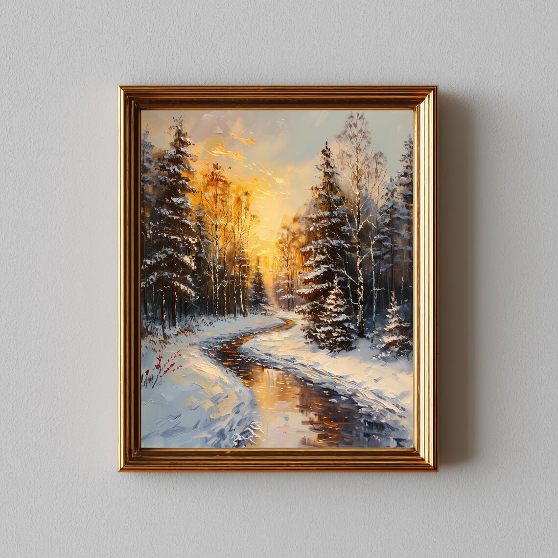 Winter Forest Sunset Golden Snowy Stream Classic Oil Painting Wall Art