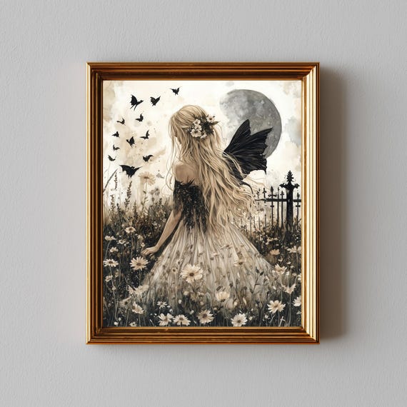 Boho Fairy Moonlit Garden Print Ethereal Watercolor Wall Art
