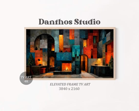 Cozy Christmas Fireplace Cubist Abstract Frame Tv Art Modern Geometric Hearth Festive Holiday Decor 43
