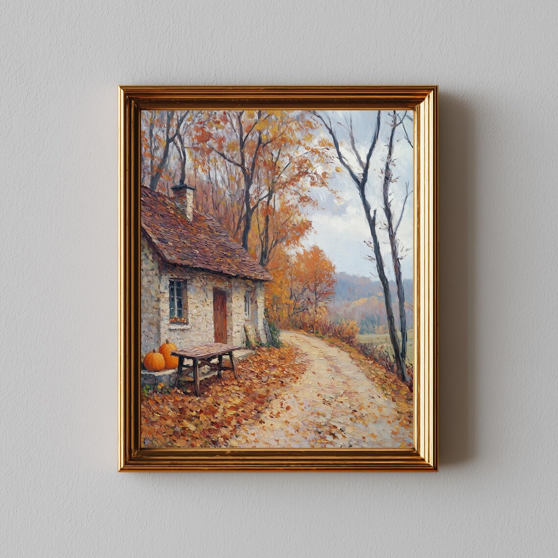 Rustic Autumn Cottage With Pumpkins, Vintage Art Print