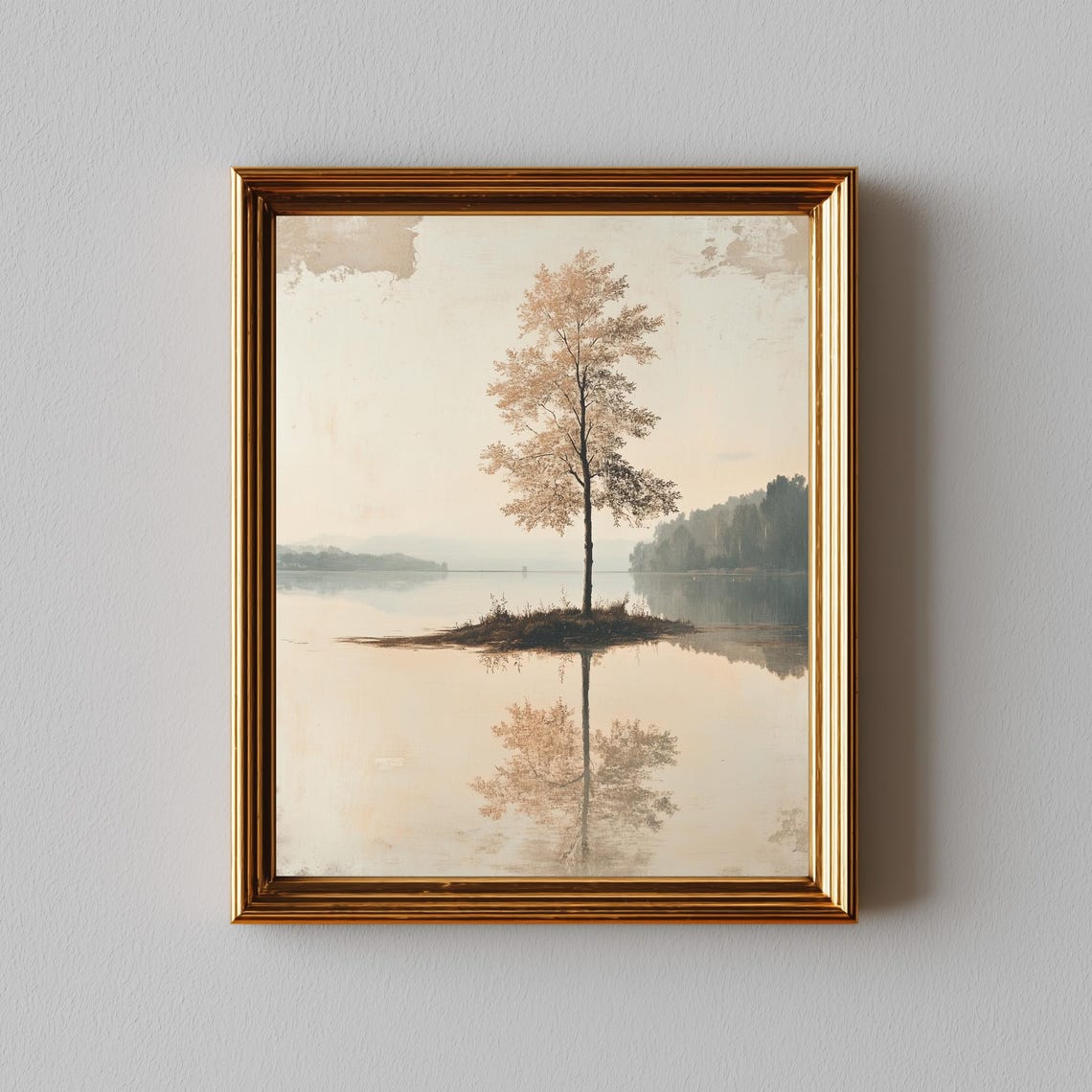 Lone Tree on Misty Lake Island Reflection Watercolor Art Poster