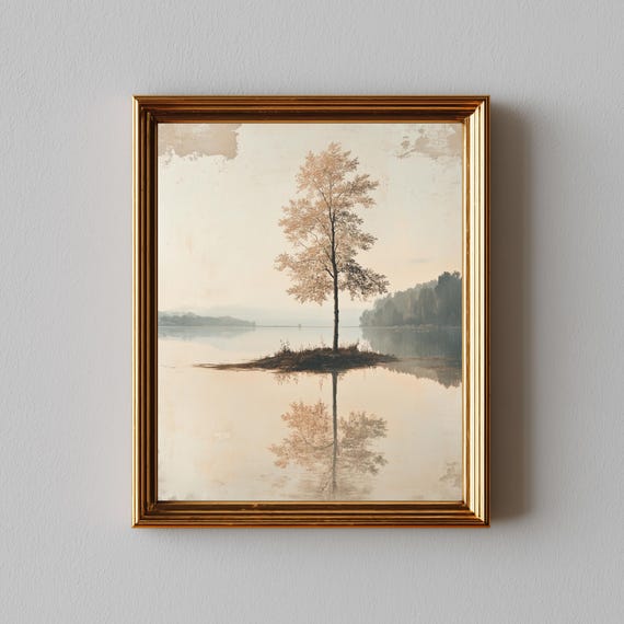 Minimalist Nordic Landscape Wall Art Tranquil Lake Scene Ivory And Dusty Red Calm Reflection Decor Print 218