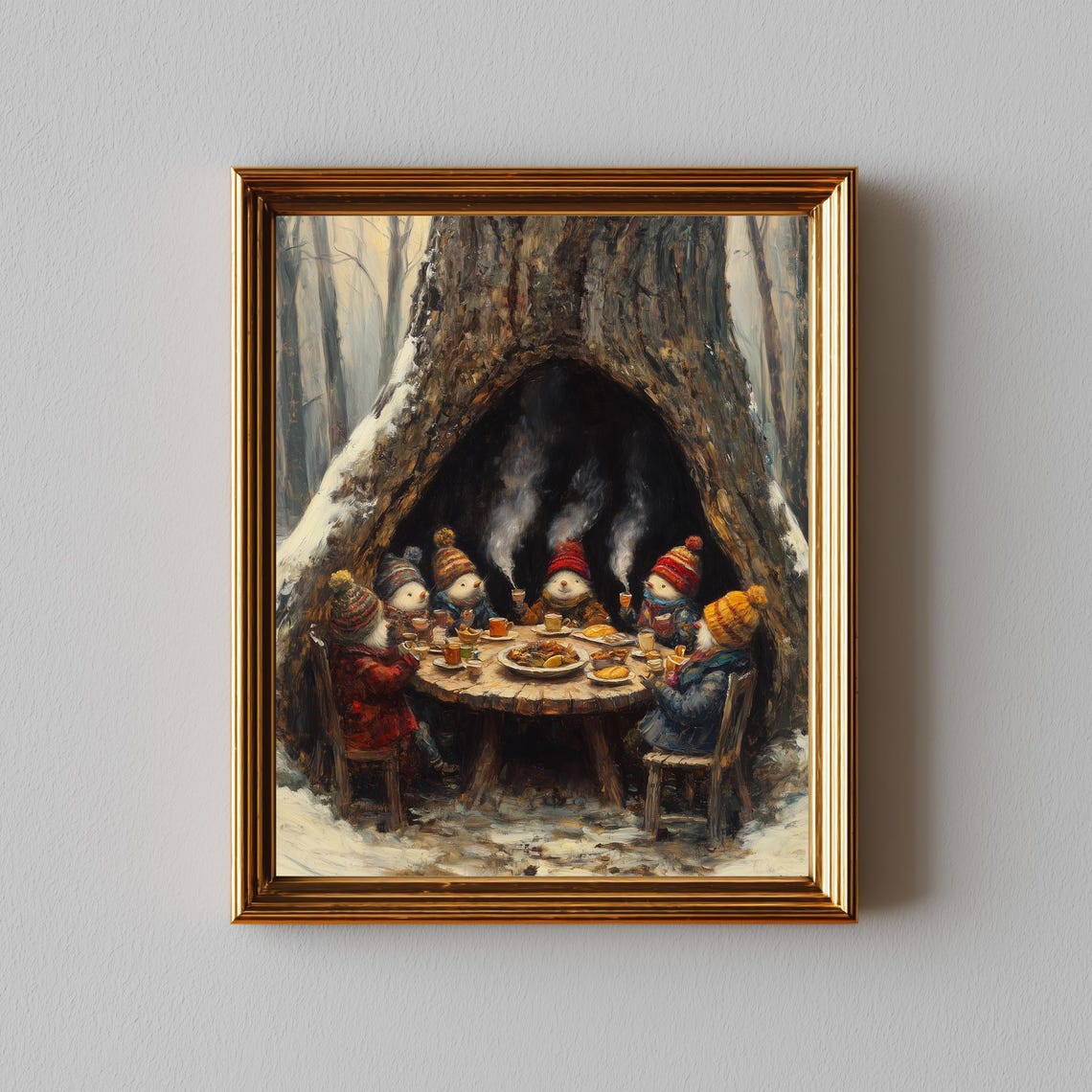 Cute Snowmen Hot Cocoa Party Hollow Tree Winter Scene Poster