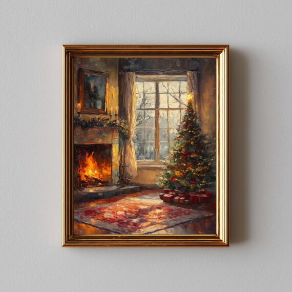 Cozy Christmas Living Room Fireplace Tree Gifts Oil Painting Poster
