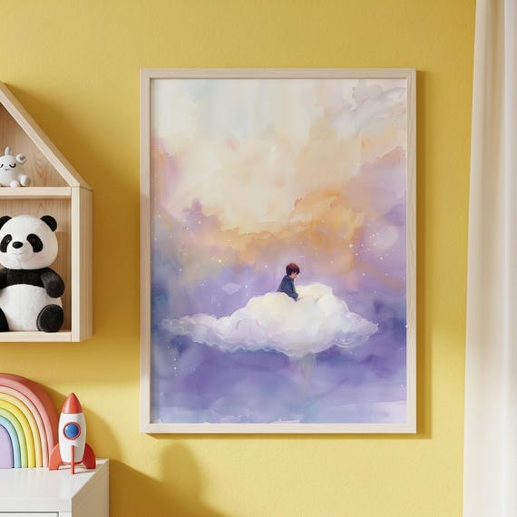 Soft Watercolor Dreamy Sky Print Pastel Clouds Serene Child In Dreamland Nursery Decor Wall Art Calm Bedroom 274