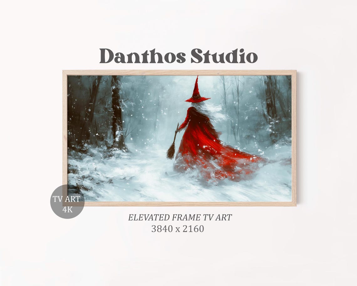 Christmas Witch Red Cloak Frame TV Art Poster Walking In Snow