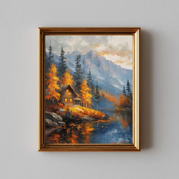 Vintage Mountain Cabin In Autumn Rustic Lakeside Scene Cozy Fall Painting Tall Pines Impressionist Art 307