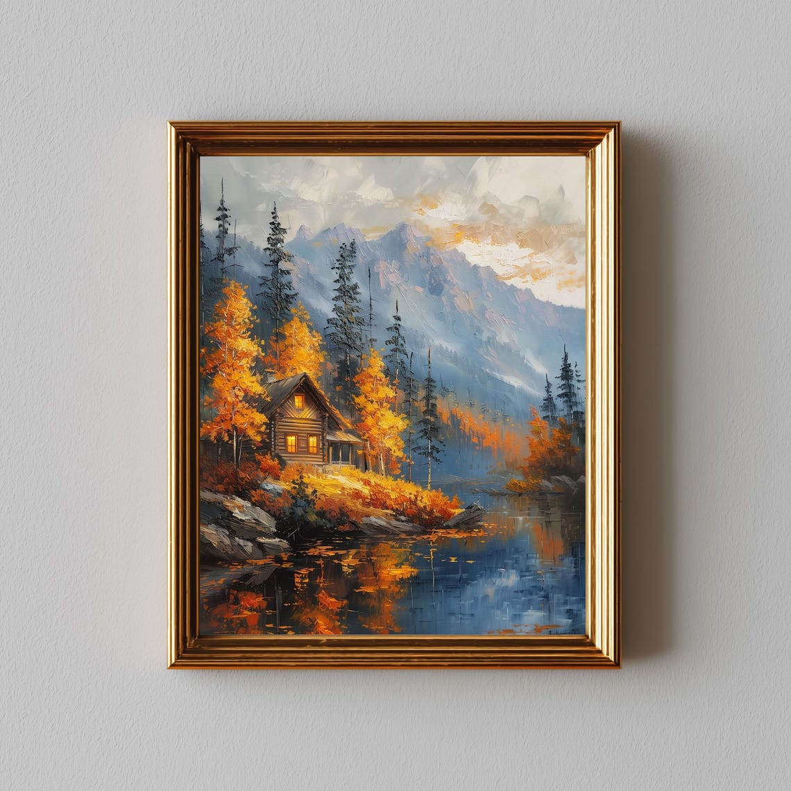 Vintage Mountain Cabin In Autumn Rustic Lakeside Scene Cozy Fall Painting Tall Pines Impressionist Art 307