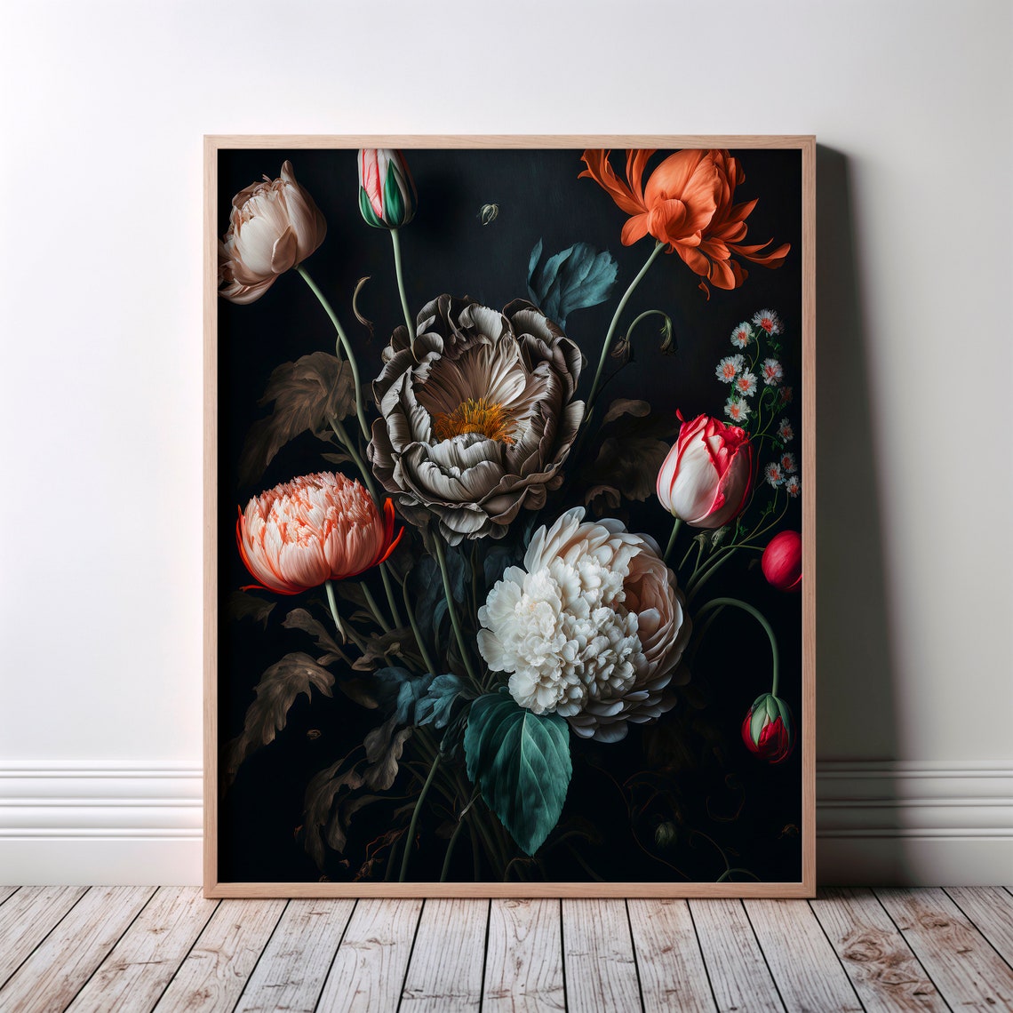 Elegant Tall Stemmed White Peony Orange Poppy Floral Poster Elegant