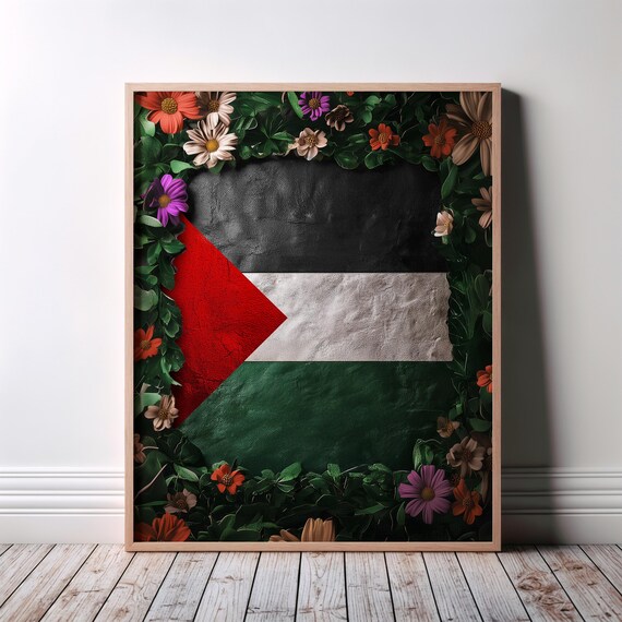 Palestinian Flag Bold Textured Paint Floral Wreath Poster Vibrant Artwork