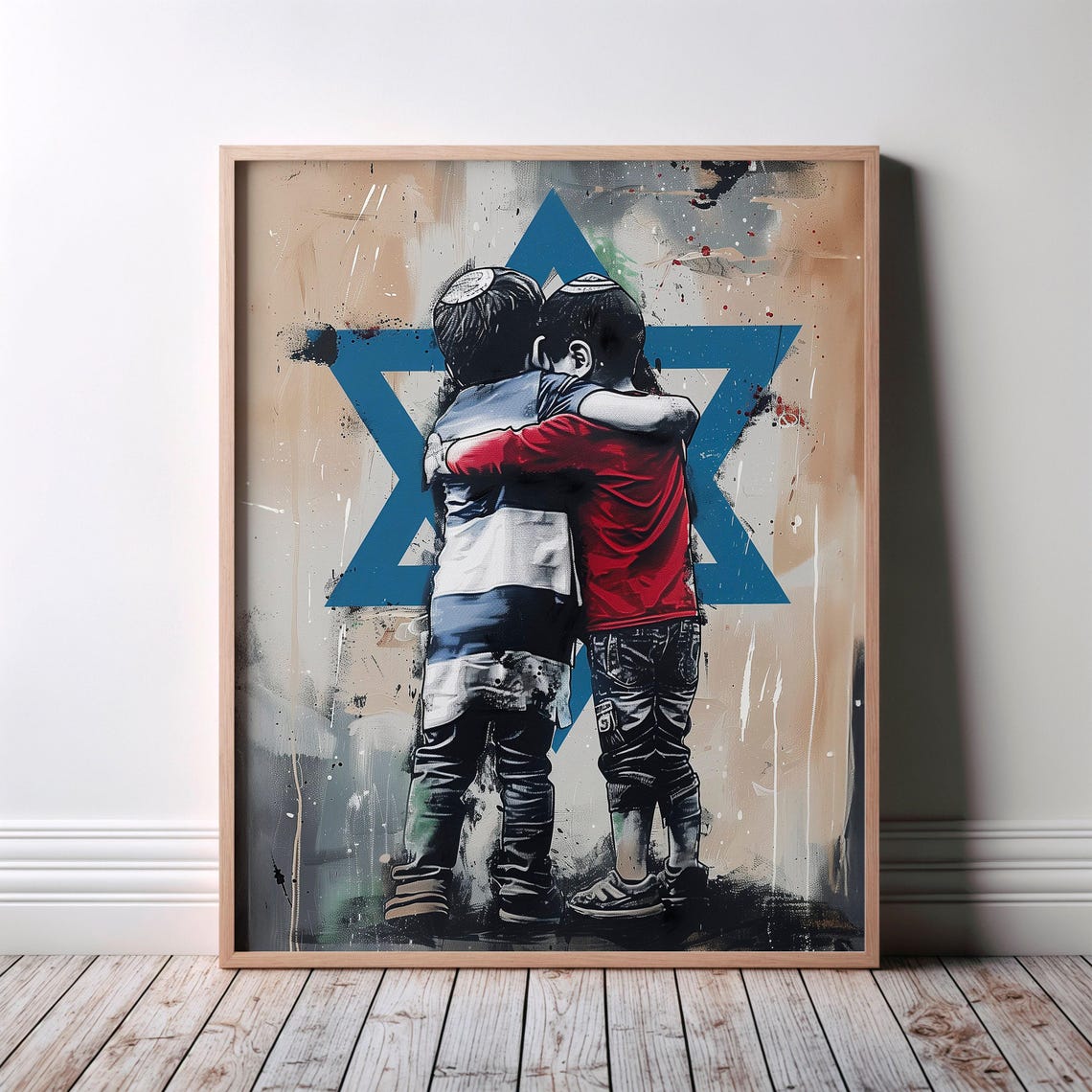 Two Kids Hugging Blue Star Of David Unity Street Graffiti Poster