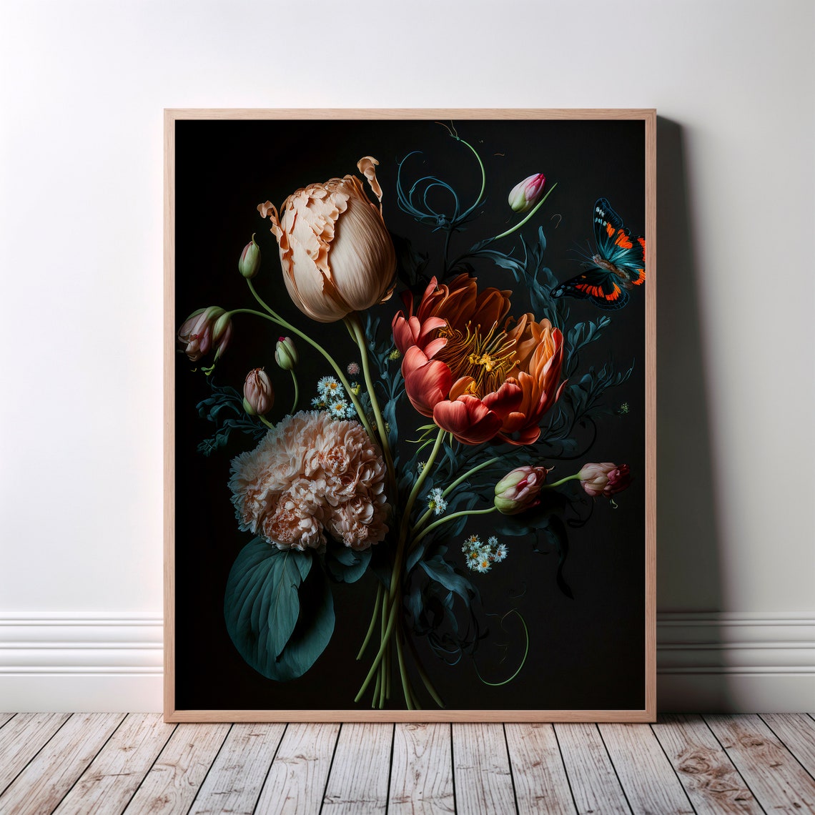 Lush Peachy Tulips Red Bloom Butterfly Dark Floral Poster Bouquet