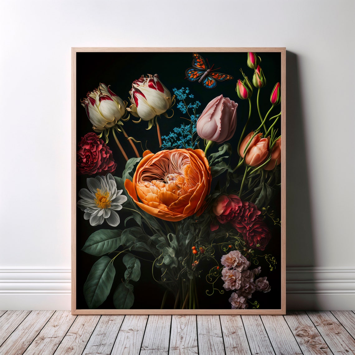 Lush Orange Peony Butterfly Dark Floral Still Life Art Poster