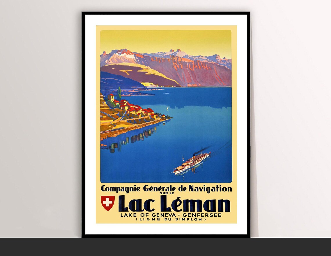 Lac Leman Lake Geneva Steamboat Mountains Vintage Travel Poster
