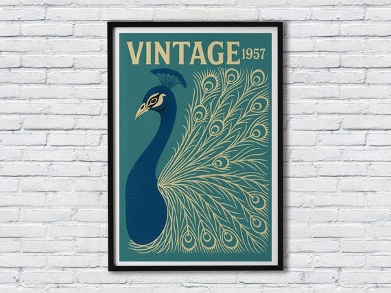 Blue Peacock Illustration Minimalist Ornamental Bird Design Modern Feather Art Poster Framed Artwork Premium Canvas Print