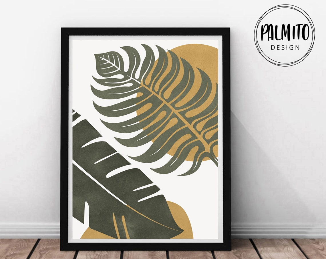 Boho Tropical Palm Leaf Olive Green Mustard Abstract Wall Decor Poster