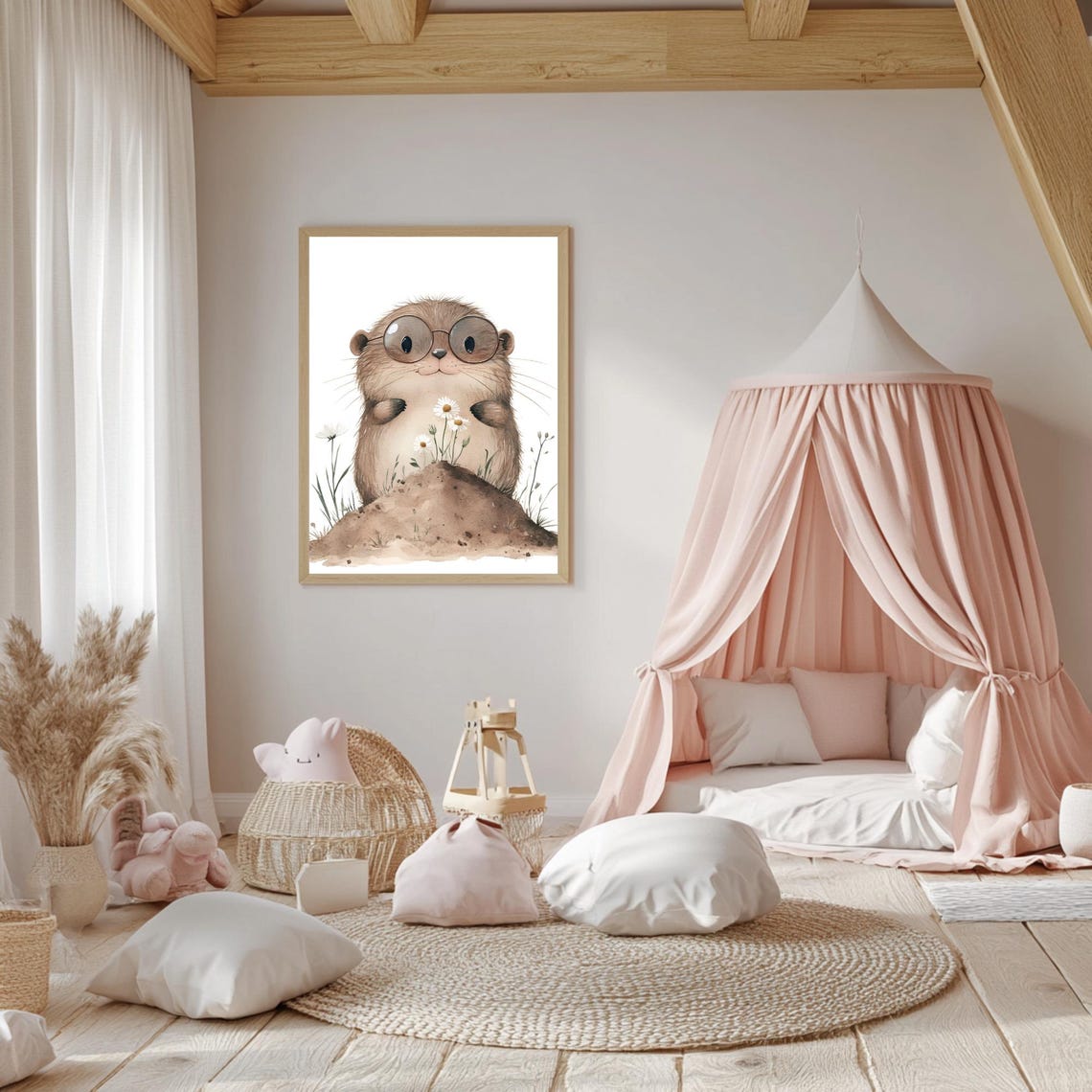 Baby Mole Wearing Round Glasses With Daisies and Mound Poster - Image 5