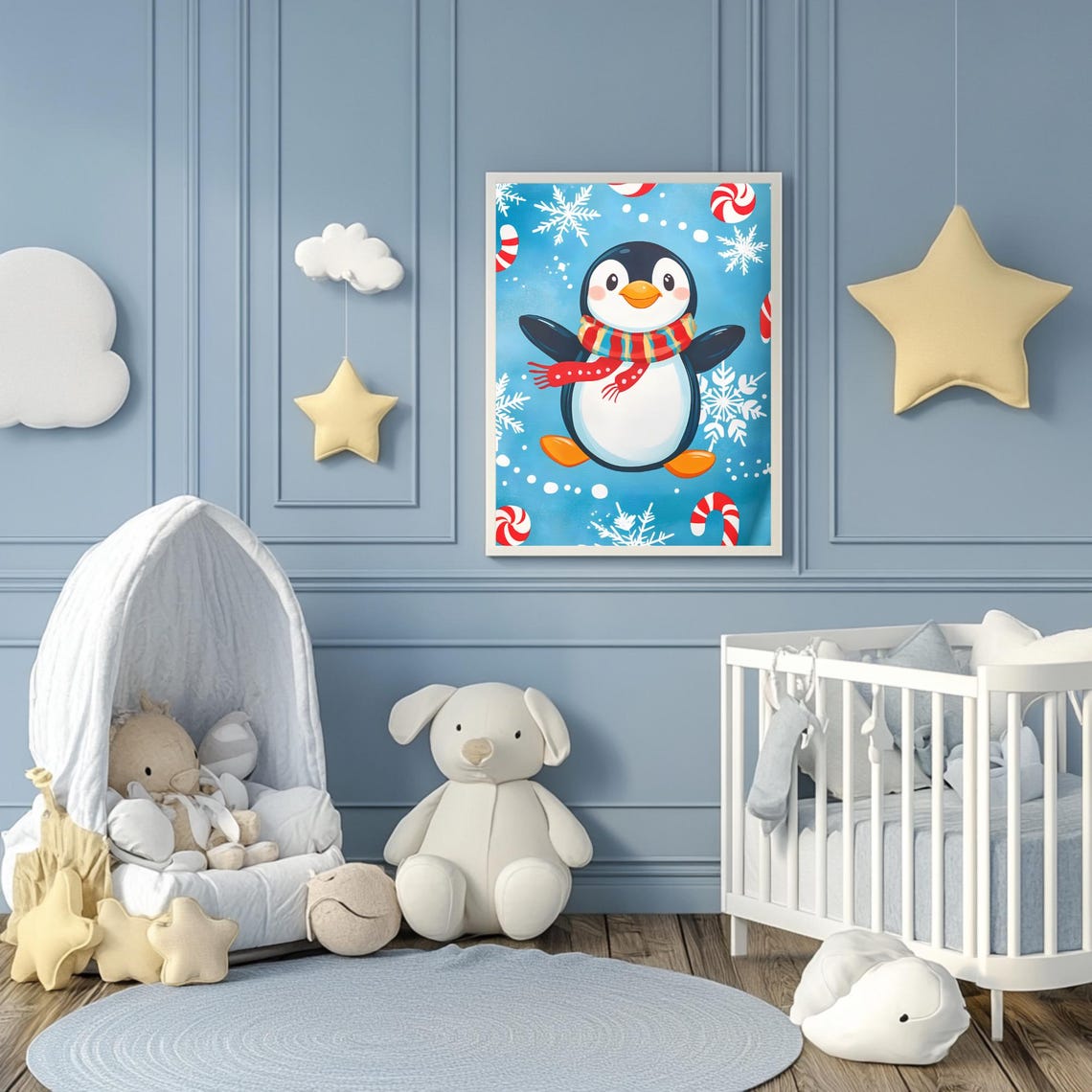 Cute Cartoon Penguin Striped Scarf Candy Cane Snowflake Winter Poster - Image 3