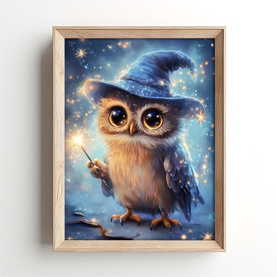 Cute Owl Wizard Nursery Wall Art Owl Baby Shower Gift Bright Kids Room Decoration Magical Theme Nursery Print