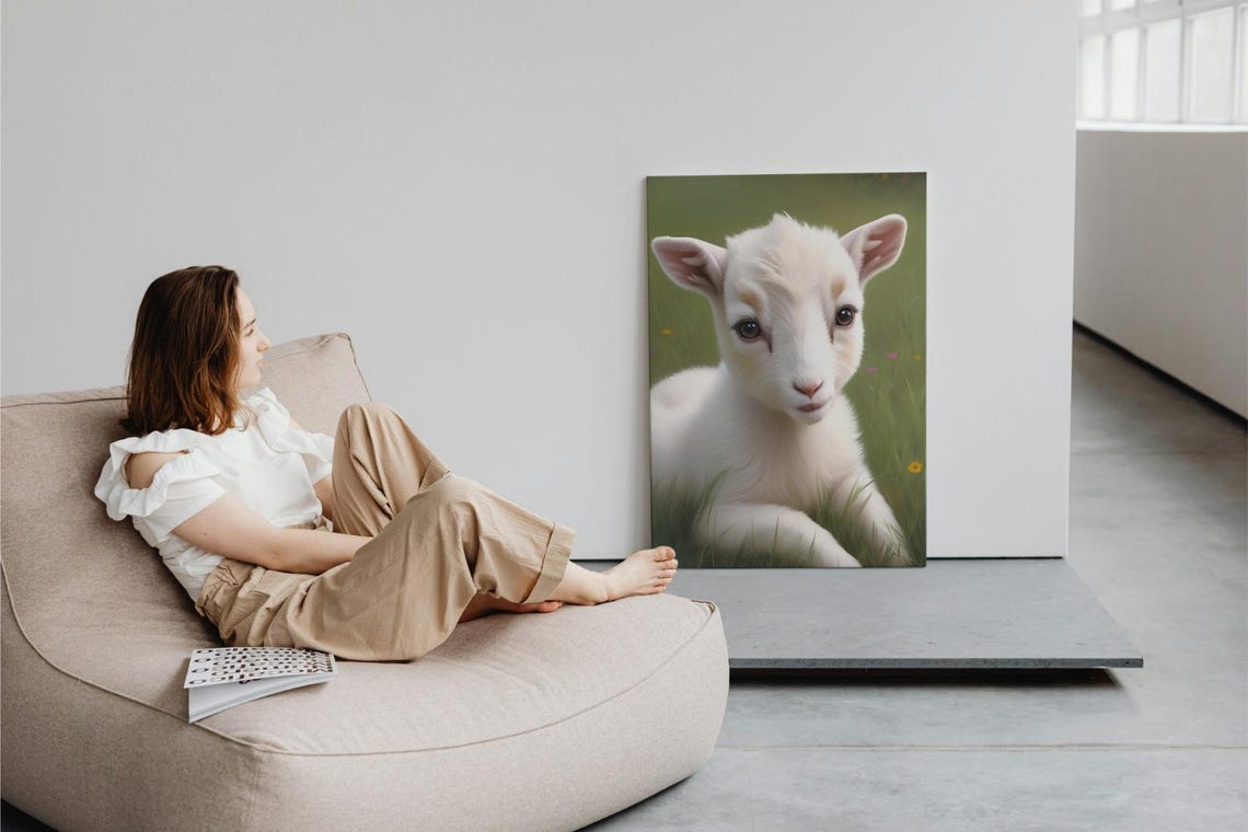 Adorable White Baby Goat Kid Flower Meadow Soft Portrait Wall Poster - Image 3