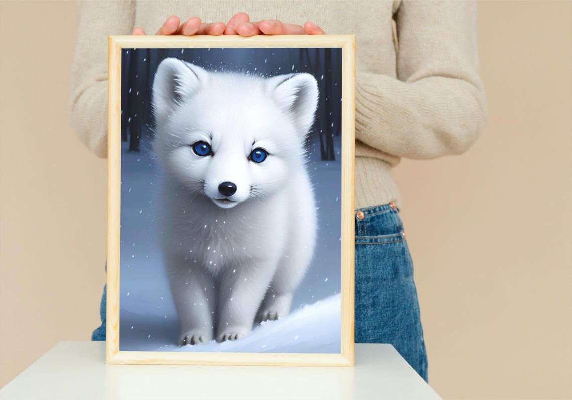 Baby Arctic Fox Wall Art Home Decor Cute Animal Painting Living Room Art - Image 5