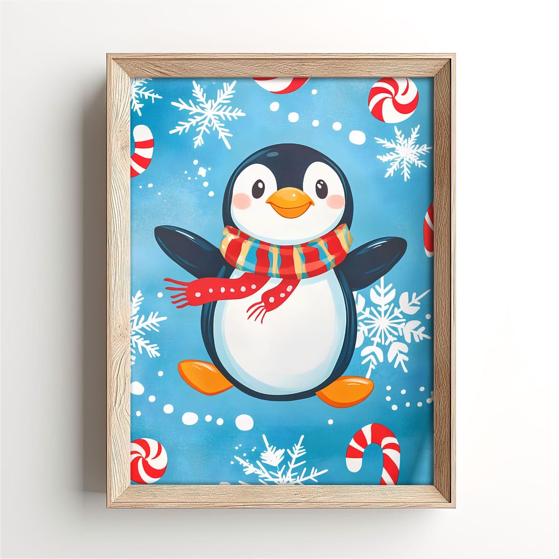 Cute Cartoon Penguin Striped Scarf Candy Cane Snowflake Winter Poster