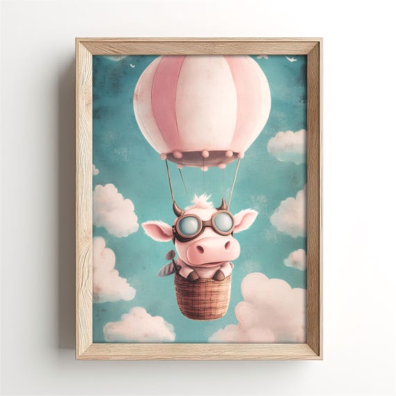 Cute Flying Cow Nursery Wall Art Cow Baby Shower Gift Funny Pastel Kids Room Decor Cloud Theme Nursery Print