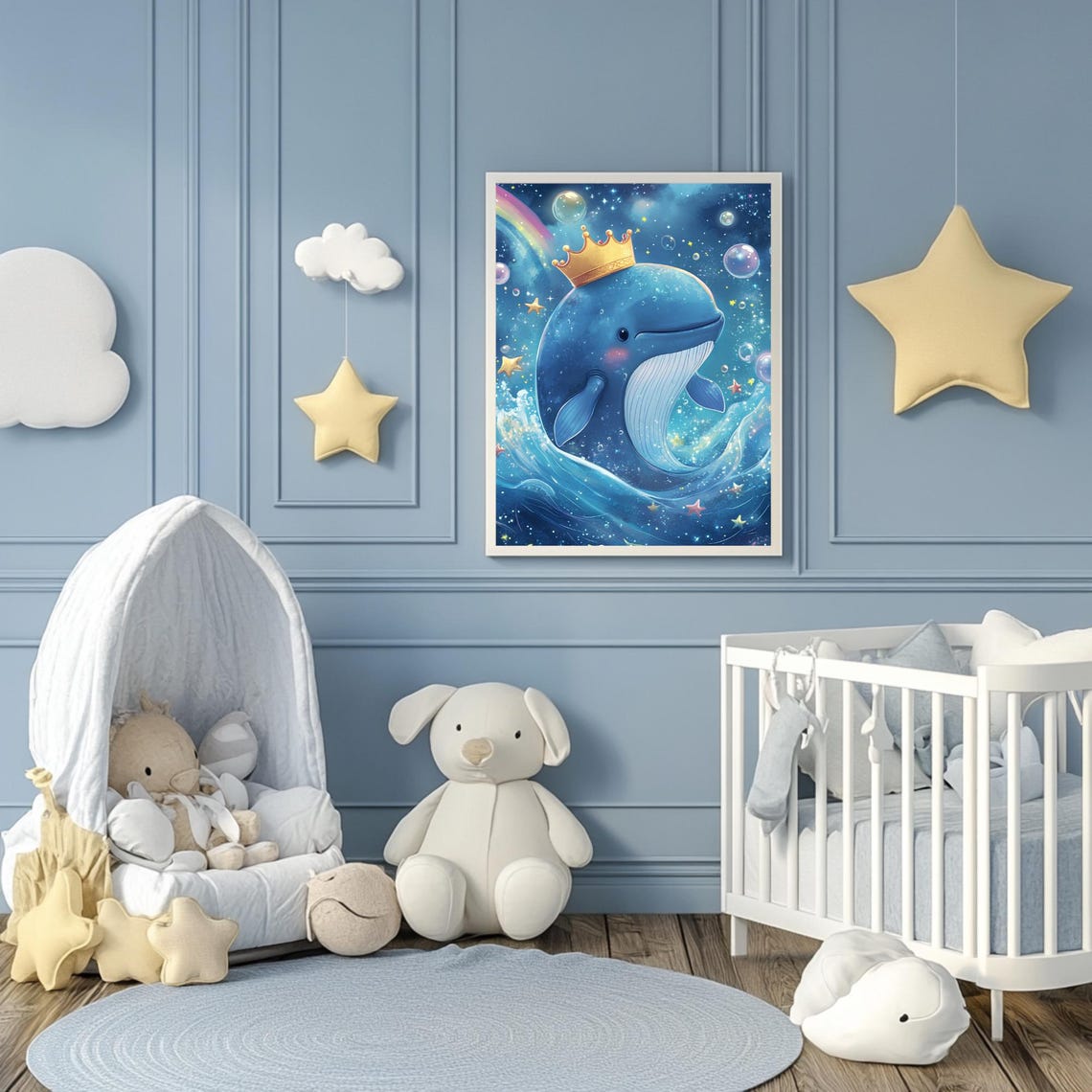 Whimsical Crowned Blue Whale Starry Night Ocean Nursery Art Poster - Image 3