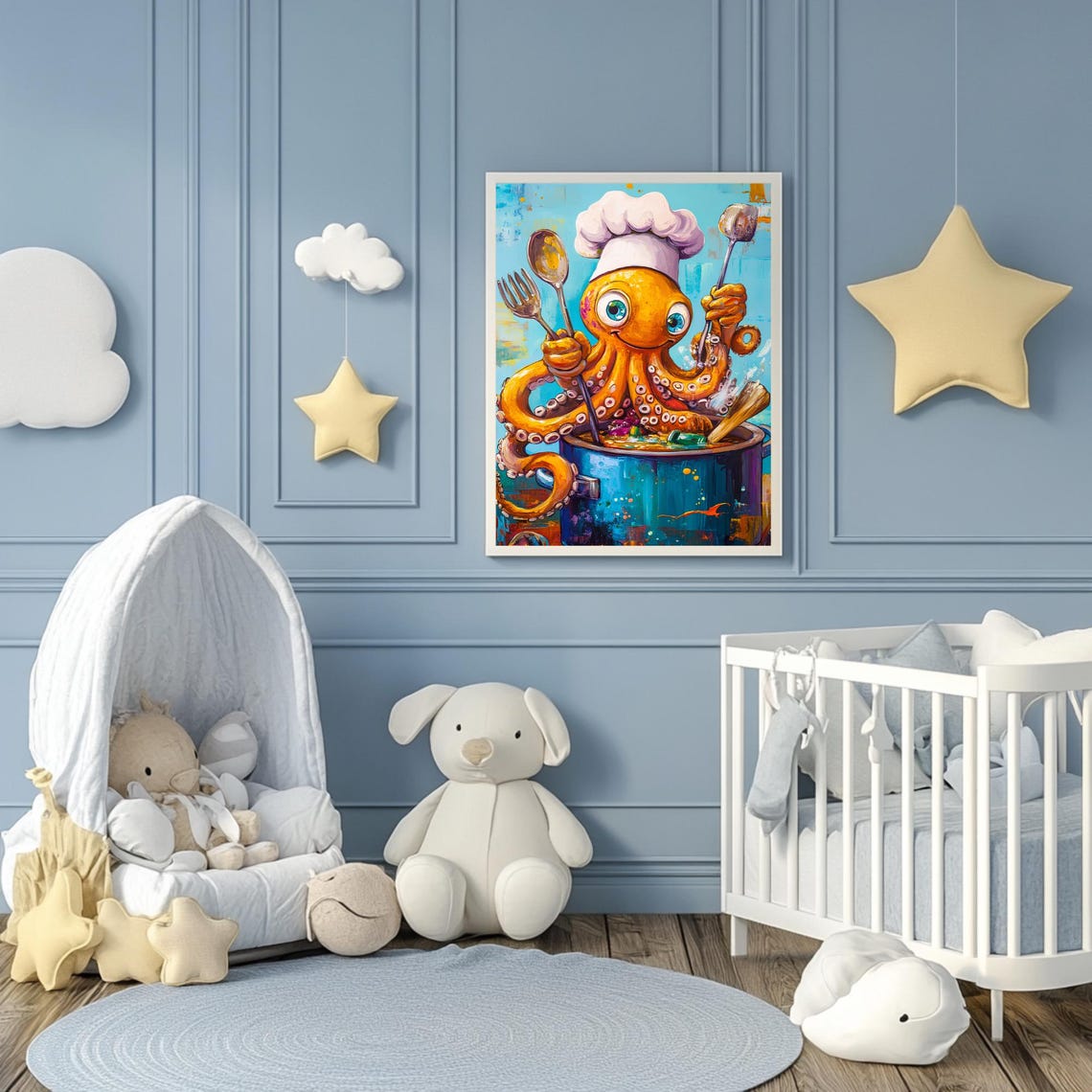 Funny Octopus Chef Hat Juggling Utensils Steaming Pot Kitchen Poster - Image 3