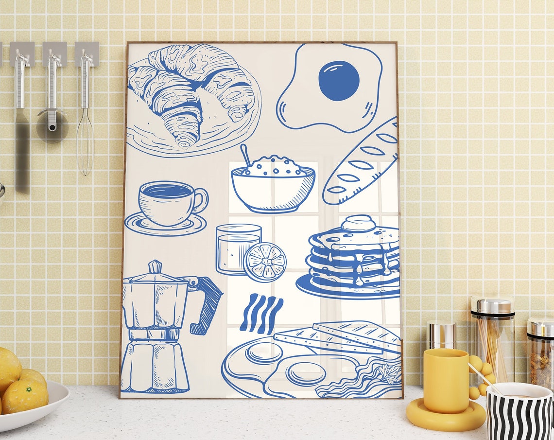 Blue Line Art Breakfast Spread Coffee Croissant Kitchen Poster